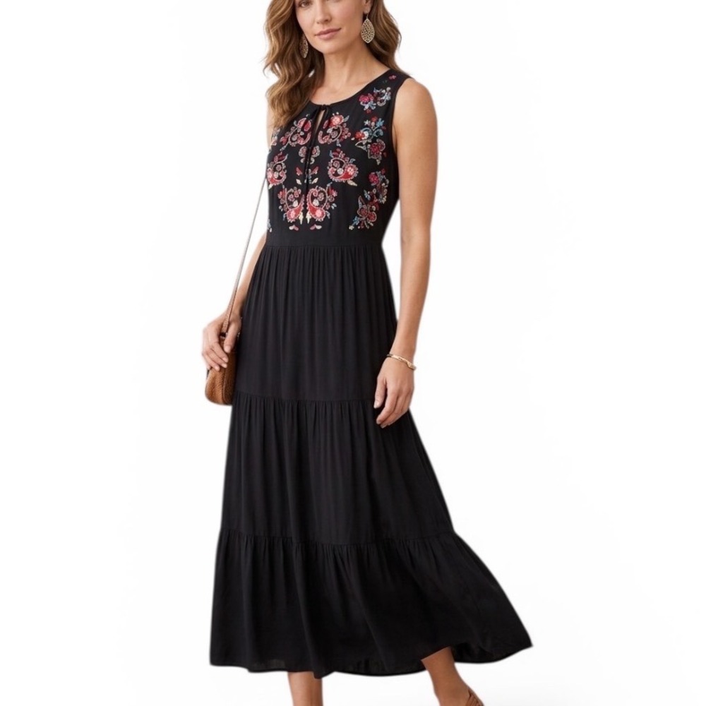 Design History Womens Black Embroidered Tiered Maxi Dress Sleeveless Medium Boho